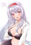  1girl bangs black_bra blush bra breasts cleavage dated hair_between_eyes hairband hand_on_own_chest highres kantai_collection large_breasts long_hair long_sleeves mot_zenzai navel one-hour_drawing_challenge open_clothes open_shirt orange_eyes parted_lips red_hairband shirt shoukaku_(kancolle) silver_hair simple_background solo twitter_username underwear upper_body very_long_hair white_background white_shirt 