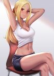  1girl armpits arms_behind_head black_showgirl_skirt blonde_hair breasts chair cleavage closed_mouth collarbone cowboy_shot dark-skinned_female dark_skin dusty_(gravity_daze) english_commentary eyebrows eyelashes forehead gradient gradient_background gravity_daze highres kitten_(gravity_daze) knees_together_feet_apart koarujpg long_hair looking_at_viewer midriff navel petite pointy_nose ponytail red_eyes shirt shorts sidelocks simple_background sitting smile solo stomach tan tied_hair white_shirt 