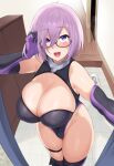  1girl bangs bare_shoulders black_legwear black_leotard blush breasts cleavage cleavage_cutout clothing_cutout collar elbow_gloves fate/grand_order fate_(series) glasses gloves hair_over_one_eye highleg highleg_leotard highres large_breasts leotard light_purple_hair looking_at_viewer mash_kyrielight metal_collar open_mouth purple_eyes purple_gloves short_hair smile solo thigh_strap thighhighs thighs yomomirin 