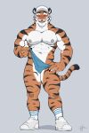  2022 anthro clothing felid footwear hat headgear headwear hi_res male mammal muscular muscular_male navel nipples pantherine shoes simple_background sirwolfybuns sneakers solo standing stripes tiger underwear whiskers white_background 