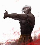  1boy abs ares_(hades) armband armored_skirt artist_name bara biceps black_skin colored_skin hades_(game) highres large_pectorals male_focus muscular muscular_male o3tofu pectoral_cleavage pectorals red_eyes smirk tank_top white_hair 