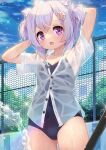  1girl absurdres ahoge animal_ear_fluff animal_ears armpits arms_behind_head arms_up ass_visible_through_thighs blue_swimsuit cat_ears chain-link_fence cloud fence hair_ornament hairclip highres moe2022 one-piece_swimsuit open_mouth original outdoors pool purple_eyes purple_hair school_swimsuit see-through shirt short_hair short_sleeves sky smile solo swimsuit swimsuit_under_clothes taku_michi thighs two_side_up water wet wet_clothes wet_shirt wet_swimsuit white_shirt 