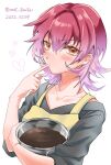  1girl apron bangs black_shirt blush bowl chocolate dated eyebrows_visible_through_hair finger_in_mouth gradient_hair hair_between_eyes heart highres holding holding_bowl kantai_collection kinu_(kancolle) looking_at_viewer mot_zenzai multicolored_hair one-hour_drawing_challenge orange_eyes pink_hair red_hair shirt short_hair simple_background solo twitter_username upper_body white_background yellow_apron 