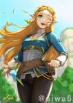  backlighting belt beltskirt blonde_hair blurry blurry_background braid breasts cowboy_shot crown_braid dress_shirt eiwa floating_hair forehead from_below grass green_eyes hair_ornament hairclip long_hair long_sleeves medium_breasts one_eye_closed open_mouth outdoors pants pointy_ears pouch princess princess_zelda shirt sidelocks signature sky smile tareme the_legend_of_zelda the_legend_of_zelda:_breath_of_the_wild triforce twitter_username wind wind_lift 