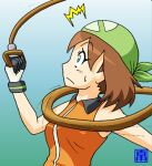  2011 bodily_fluids brown_hair clothing eyes_closed female gloves gradient_background hair handwear holding_leash holding_object human human_only leash low_res mammal may_(pok&eacute;mon) nintendo not_furry omoi pok&eacute;mon side_view simple_background solo surprise sweat sweatdrop video_games 