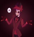  &lt;3 5_fingers absurd_res alastor_(hazbin_hotel) clothed clothing demon digital_media_(artwork) eyewear fingers hair hazbin_hotel hi_res humanoid looking_at_viewer mahmapuu male monocle not_furry open_mouth red_eyes red_hair simple_background smile solo speech_bubble suit teeth white_body 