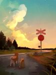  animal animal_focus cat cloud dog english_commentary grass highres jauni_(tofublock) no_humans original plant railroad_tracks road road_sign shadow shiba_inu sign sky sparkle star_(sky) starry_sky stop_sign sunset tree 