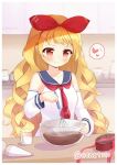  1girl azur_lane blonde_hair blue_sailor_collar blurry blurry_background chocolate commission conet510 cooking detached_sleeves hair_ornament hair_ribbon heart highres holding jenkins_(azur_lane) kitchen long_hair necktie red_eyes red_necktie red_ribbon ribbon sailor_collar shirt signature skeb_commission smile solo valentine wavy_hair whisk whisking white_shirt 
