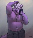  2022 5_fingers anthro armpit_hair belly bodily_fluids body_hair canid canine chest_tuft clothing fingers fur hair half-closed_eyes hi_res looking_at_viewer loose_pants male mammal moobs musclegut narrowed_eyes navel nipples purple_body purple_eyes purple_fur raised_arm selfie shirtless signature simple_background smile smirk solo spyzslair sweat sweatpants sweaty_armpit sweaty_belly sweaty_chest sweaty_face tuft underwear white_hair 