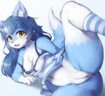  2021 4_fingers anthro anus areola blue_body blue_fur blue_hair blush bottomless breasts canid canine cleft_of_venus clothed clothing cute_fangs digital_media_(artwork) dipstick_tail female fingers footwear fox fur genitals gloves_(marking) hair healingpit hi_res kemono legwear long_hair looking_at_viewer lying mammal markings multicolored_body multicolored_fur multicolored_tail navel nipples on_side one_breast_out one_leg_up open_mouth pattern_clothing pattern_footwear pattern_legwear pattern_socks pussy raised_leg shaded socks solo spread_legs spreading striped_clothing striped_footwear striped_socks stripes tail_markings tongue two_tone_body two_tone_fur white_body white_fur yellow_eyes 