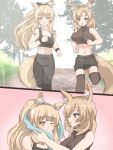  2girls animal_ear_fluff animal_ears arknights aunt_and_niece bangs black_pants black_shorts black_sports_bra blemishine_(arknights) blonde_hair blue_hair exercise eyebrows_visible_through_hair high_ponytail highres horse_ears horse_girl horse_tail jogging long_hair midriff multiple_girls navel one_eye_closed open_mouth outdoors pants running shorts smile sports_bra tail thighhighs tififox towel whislash_(arknights) yellow_eyes 