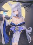  1girl absurdres animal_ear_fluff azur_lane blue_butterfly blue_kimono blush bow breasts bug butterfly butterfly_on_hand cleavage collar daily_(daily178900) detached_collar full_moon highres japanese_clothes kimono large_breasts light_purple_eyes light_purple_hair long_hair looking_at_viewer moon off-shoulder_kimono purple_bow purple_collar shinano_(azur_lane) skirt solo standing very_long_hair very_long_sleeves white_skirt wide_sleeves 