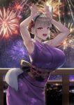  1girl absurdres animal_ears armpits breasts cat_ears cat_tail dress festival fireworks grey_hair highres japanese_clothes kimono large_breasts mute_(mute89539160) original purple_dress purple_eyes purple_kimono solo tail 
