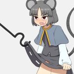  animal_ears annoyed bangs blush camp_of_hunger capelet clothes_lift dress embarrassed eyebrows_visible_through_hair grey_capelet grey_dress grey_hair grey_skirt grey_vest layered_clothing long_sleeves mouse_ears mouse_girl mouse_tail nazrin puffy_sleeves red_eyes shirt short_hair skirt skirt_lift skirt_set tail touhou vest white_shirt 