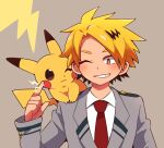  1boy :3 bangs blonde_hair blush blush_stickers boku_no_hero_academia brown_background brown_eyes brown_hair closed_mouth collared_shirt commentary_request crossover electricity eye_contact forehead grey_jacket grin hair_intakes hand_up happy highres index_finger_raised jacket kaminari_denki lightning_bolt_symbol long_sleeves looking_at_another male_focus multicolored_hair necktie on_shoulder one_eye_closed partial_commentary pikachu pokemon pokemon_(creature) pokemon_on_shoulder red_necktie school_uniform shiny shiny_hair shirt short_hair simple_background smile spiked_hair straight-on subaru331 teeth two-tone_hair upper_body white_shirt 