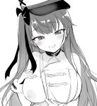  1girl azur_lane bangs blush breasts coat detached_sleeves emirio_(emirio110) eyebrows_visible_through_hair fur_trim greyscale hair_ribbon hat highres large_breasts long_hair looking_at_viewer monochrome nipples one_breast_out one_eye_closed pamiat_merkuria_(azur_lane) ribbon simple_background sleeveless sleeveless_coat solo upper_body 