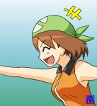  2011 brown_hair eyes_closed female gradient_background hair human human_only low_res mammal may_(pok&eacute;mon) nintendo not_furry omoi open_mouth pok&eacute;mon side_view simple_background smile solo video_games 