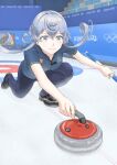  1girl 2022_winter_olympics alternate_costume bangs black_footwear blue_eyes blue_hair blue_pants blue_shirt closed_mouth commentary_request curling curling_broom curling_stone eyebrows_visible_through_hair gotland_(kancolle) hair_between_eyes hair_bun highres holding kantai_collection mole mole_under_eye olympics one_knee pants shirt short_sleeves solo taruya uniqlo 