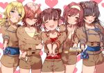  5girls absurdres beige_jacket black_hair blonde_hair blue_eyes blush brown_eyes brown_hair chocolate chocolate_hair_ornament commentary_request dars giving hachimiya_meguru hair_ornament hairband hairclip heart heart_background highres higuchi_madoka idolmaster idolmaster_shiny_colors long_hair looking_at_viewer mayuzumi_fuyuko multiple_girls one_eye_closed oosaki_amana open_mouth puni_(punycolors) short_hair short_shorts shorts sonoda_chiyoko valentine white_chocolate yellow_eyes 