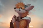  2022 5_fingers anthro blue_eyes canid canine claws clothed clothing day detailed_background digital_media_(artwork) fingers fox fur looking_at_viewer male mammal orange_body orange_fur outside sky smile solo thanshuhai 