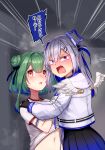  2girls absurdres amane_kanata angel angel_wings aomushi_(mushamusha) bangs blue_hair blush clothes_lift colored_inner_hair commentary_request double_bun eyebrows_visible_through_hair feathered_wings fingerless_gloves gloves green_hair gym_shirt hair_ornament halo highres hololive jacket multicolored_hair multiple_girls purple_eyes red_eyes shirt shirt_lift short_hair silver_hair steam streaked_hair sweat translation_request uruha_rushia virtual_youtuber wings 