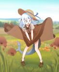  1girl :o absurdres alternate_costume bangs blue_eyes blue_hair blue_ribbon blunt_bangs blurry blurry_background brown_footwear brown_skirt commentary day dudul eyebrows_visible_through_hair fish_tail flower full_body gawr_gura grass hat hat_ribbon highres hololive hololive_english legs_apart long_hair long_skirt looking_away multicolored_hair open_mouth outdoors puffy_short_sleeves puffy_sleeves ribbon shark_tail shirt shoes short_sleeves skirt solo standing straw_hat streaked_hair tail two-tone_hair virtual_youtuber white_hair wind wind_lift 