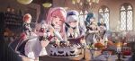  5girls :d absurdres alternate_costume apron baguette bangs black_dress blue_eyes blue_hair book bread breasts brown_eyes byleth_(fire_emblem) byleth_(fire_emblem)_(female) cake candle candlestand center_frills character_request commentary_request detached_sleeves dress enmaided eyebrows_visible_through_hair fire fire_emblem fire_emblem:_three_houses flower food frilled_apron frilled_dress frills hair_between_eyes highres hilda_valentine_goneril holding holding_book indoors leaning_forward leonie_pinelli long_hair looking_at_viewer lysithea_von_ordelia maid maid_headdress marianne_von_edmund medium_breasts mo_xiaoxue multiple_girls one_side_up open_book orange_eyes orange_hair pastry_bag pink_hair pink_sleeves pleated_dress puffy_short_sleeves puffy_sleeves quill red_eyes short_sleeves silver_hair sleeveless sleeveless_dress smile turkey_(food) very_long_hair white_apron white_flower window 