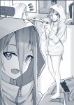  1girl animal_costume barefoot blush cat_costume eyebrows_visible_through_hair fang greyscale hair_between_eyes highres long_hair long_sleeves looking_at_viewer monochrome open_mouth original skin_fang smile solo tapioka_(oekakitapioka) zipper zipper_pull_tab 