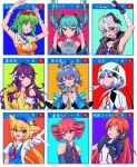  6+girls :p absurdres ahoge animal_ears apron aqua_eyes aqua_hair aqua_necktie arm_up arms_up bandaged_arm bandages bare_arms bare_shoulders bell belt_collar beret black_hair black_shirt black_sleeves blonde_hair blue_apron blue_eyes blue_gloves blue_headwear blue_sleeves cevio closed_eyes collar commentary detached_sleeves dress drill_hair elbow_gloves expressionless fang fingerless_gloves floating_hair flower flower_(vocaloid) foreshortening fur-trimmed_shirt fur_trim gloves goggles green_eyes green_hair grey_hair grey_shirt grid gumi hair_flower hair_ornament hair_rings hair_tubes hand_on_own_chest hat hatsune_miku headphones headset highres holding holding_microphone hood hood_up hooded_jacket jacket juhuacha kafu_(cevio) kasane_teto long_hair looking_at_viewer luo_tianyi microphone microphone_stand mo_qingxian multicolored_hair multiple_girls music neck_bell necktie open_mouth orange_eyes orange_hair orange_jacket outstretched_arm own_hands_together paw_print purple_eyes purple_gloves purple_hair purple_jacket purple_shirt reaching_out red_eyes red_goggles red_hair red_necktie ringed_eyes sanshoku_ayaka sf-a2_miki sf-a2_miki_(vocaloid4) shirt short_hair short_hair_with_long_locks short_necktie shoulder_tattoo sidelocks singing sleeveless sleeveless_jacket sleeveless_shirt smile star_(symbol) star_print streaked_hair tattoo tongue tongue_out triangle_print twin_drills twintails upper_body utau v_flower_(vocaloid4) very_long_hair vocaloid vsinger white_flower white_gloves white_hair white_jacket white_shirt window_(computing) wrist_cuffs yellow_dress yellow_gloves 