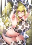  1girl animal_print armpits arms_up bangs bell blonde_hair blush breasts closed_mouth collar cow_girl cow_horns cow_print cow_tail eyebrows_visible_through_hair hair_between_eyes highres hizuki_akira horns long_hair looking_at_viewer mole mole_on_armpit neck_bell original red_eyes revision sketch solo tail window 