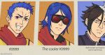  3boys blue_hair brown_hair closed_mouth dual_persona grey_eyes grin highres k9999 krohnen long_hair looking_at_viewer male_focus meme multicolored_hair multiple_boys nameless_(kof) red_eyes red_goggles red_scarf scarf short_hair simple_background sleeveless smile the_cooler_daniel_(meme) the_king_of_fighters the_king_of_fighters_xv twitter_username upper_body veins wallace_pires white_hair 