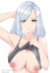  1girl :o amai-pai arm_behind_head arm_up armpits artist_name bangs bare_arms bare_shoulders blue_eyes breasts breasts_out camisole_lift collarbone eyebrows_visible_through_hair genshin_impact highres lifted_by_self long_hair looking_at_viewer nipples parted_lips pixiv_id shenhe_(genshin_impact) silver_hair simple_background solo steaming_body sweat swept_bangs twitter_username upper_body white_background 
