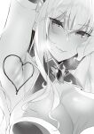  1girl armpits blush body_writing breasts brooch closed_mouth glint greyscale hair_between_eyes hands_up head_tilt heart highres hizuki_akira jewelry large_breasts looking_at_viewer monochrome original presenting_armpit simple_background smile solo sweat upper_body white_background 