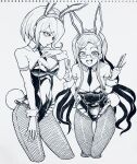  2girls alternate_costume animal_ears bangs bare_shoulders blush bow bowtie breasts cleavage commentary_request danganronpa_(series) danganronpa_v3:_killing_harmony detached_collar fake_animal_ears greyscale highres large_breasts leotard long_hair looking_at_viewer monochrome multiple_girls open_mouth pantyhose playboy_bunny rabbit_ears rabbit_tail shirogane_tsumugi short_hair smile strapless strapless_leotard tail toujou_kirumi traditional_media tsunemi_aosa wrist_cuffs 