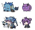  2girls :&lt; ? animalization arknights arm_tattoo black_jacket black_skirt blue_hair chibi demon_horns dragon_horns ear_piercing highres holding horns jacket jewelry jitome lava_(arknights) ling_(arknights) mabing multicolored_hair multiple_girls necklace necktie piercing pointy_ears ponytail purple_hair shirt short_hair short_twintails sidelocks simple_background skirt sleep_bubble streaked_hair sweatdrop tattoo tooth_necklace twintails upper_body white_background white_shirt yellow_necktie 