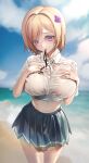  1girl absurdres bangs beach blonde_hair blue_skirt blurry blurry_background blush breast_suppress breasts button_gap cloud cloudy_sky collared_shirt covered_nipples cowboy_shot crop_top embarrassed eyebrows_visible_through_hair hair_intakes hallo_(rltkdydrltk) head_tilt highres large_breasts leaning_forward lens_flare looking_at_viewer miniskirt mouth_hold navel neck_ribbon neck_ribbon_removed nipples ocean original pleated_skirt purple_eyes ribbon see-through shirt short_hair short_sleeves skirt sky swept_bangs wet wet_clothes white_shirt 