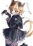  1girl animal_ears arknights black_dress black_headwear black_legwear blonde_hair blush brown_hair cat_ears cat_girl cat_tail claw_(weapon) cowboy_shot dress eyebrows_visible_through_hair flying_sweatdrops gothic_lolita green_eyes hat highres leg_up lolita_fashion mini_hat mousse_(arknights) multicolored_hair multiple_tails na_tarapisu153 short_hair solo tail thighhighs tongue tongue_out two_tails weapon white_background white_hair 