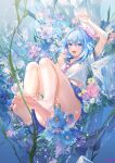  1girl :d arm_up artist_name atdan bangs bare_legs barefoot blue_eyes blue_flower blue_hair blue_sailor_collar blue_skirt breasts commentary english_commentary eyebrows_visible_through_hair feet flower full_body hair_between_eyes haiyi hand_up highres holding holding_flower ice ice_cube looking_at_viewer medium_hair necktie pink_flower pink_necktie purple_flower sailor_collar school_uniform serafuku shirt short_sleeves skirt smile soles solo synthesizer_v toes underwater white_flower white_shirt 