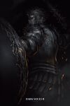  armor artist_name black_background copyright_name dark_souls_(series) dark_souls_ii extra_faces from_side highres holding holding_shield ibuo_(ibukht1015) looking_glass_knight mirror red_eyes shield sword thorns weapon 