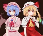  2girls absurdres ascot bangs bat_wings belt blonde_hair blue_hair blush brown_background collared_dress collared_shirt crystal dress eyebrows_visible_through_hair eyes_visible_through_hair fang flandre_scarlet frilled_shirt_collar frills gem hair_between_eyes hand_on_own_arm hand_up hat hat_ribbon highres jewelry looking_at_viewer mob_cap multicolored_wings multiple_girls one_side_up open_mouth pink_ascot pink_belt pink_dress pink_eyes pink_headwear pink_ribbon piyoru_nico pointy_ears puffy_short_sleeves puffy_sleeves red_dress red_eyes red_ribbon remilia_scarlet ribbon shirt short_hair short_sleeves siblings simple_background sisters smile standing tongue touhou white_headwear white_shirt wings wrist_cuffs yellow_ascot 