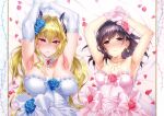  2girls armpits black_hair blonde_hair blue_dress blue_flower blue_gloves blue_rose blush breasts dress earrings elbow_gloves flower gloves hair_flower hair_ornament highres hizuki_akira jewelry large_breasts long_hair looking_at_viewer lying medium_breasts mole mole_on_armpit multiple_girls necklace on_back original pink_dress pink_eyes pink_flower pink_gloves pink_rose presenting_armpit rose smile stitched take_your_pick wedding_dress 