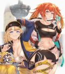  2girls absurdres alternate_costume baseball_cap bent_over blonde_hair blue_eyes breasts bright_pupils casual cellphone cleavage cleavage_cutout clothing_cutout collarbone crop_top english_commentary ground_vehicle hand_on_hip hat highres holding holding_phone hololive hololive_english honkivampy jacket large_breasts long_hair medium_breasts medium_hair midriff motor_vehicle multiple_girls navel open_clothes open_jacket orange_hair phone pink_eyes scooter shorts smartphone smile takanashi_kiara thigh_strap watson_amelia 
