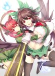  2girls :d animal_ear_fluff animal_ears arm_cannon bangs bell bird_wings black_legwear black_ribbon black_wings blue_fire blunt_bangs bow braid breasts brown_hair cat_ears cat_tail deep_skin dress fang feathered_wings fire foot_out_of_frame green_bow green_dress groin hair_bow highres hitodama jingle_bell kaenbyou_rin large_breasts leg_ribbon long_hair looking_at_viewer multiple_girls multiple_tails navel nekomata open_mouth red_eyes red_hair reiuji_utsuho ribbon satou_rin_(gobugabuge) sideboob smile standing standing_on_one_leg tail thighhighs touhou twin_braids twintails two_tails very_long_hair weapon wings 