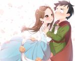  1boy 1girl black_hair blush brown_hair cherry_blossoms child choker dress earrings elbow_gloves flat_chest flower gloves highres jewelry karakai_jouzu_no_takagi-san looking_at_another medium_hair nishikata open_mouth rose short_hair standing straight_hair takagi-san wari_(nirodo26) 