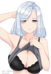  1girl :o amai-pai arm_behind_head arm_up armpits artist_name bangs bare_arms bare_shoulders blue_eyes camisole_lift collarbone eyebrows_visible_through_hair genshin_impact highres lifted_by_self long_hair looking_at_viewer parted_lips pixiv_id shenhe_(genshin_impact) silver_hair simple_background solo swept_bangs twitter_username upper_body white_background 