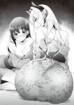  2girls ass ass_focus blush breasts cleavage closed_mouth demon_girl from_behind greyscale grin highres hizuki_akira horns japanese_clothes kimono kneeling large_breasts long_hair looking_at_viewer looking_back mole mole_on_neck monochrome multiple_girls obi original pointy_ears sash seductive_smile smile take_your_pick 