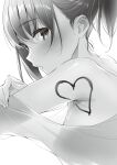  1girl blush body_writing breasts fingernails from_side greyscale heart highres hizuki_akira looking_at_viewer looking_to_the_side medium_breasts medium_hair monochrome original parted_lips ponytail see-through_silhouette sideways_glance simple_background solo upper_body white_background 