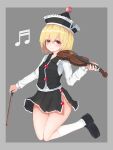  1girl bangs beamed_sixteenth_notes black_footwear black_headwear black_skirt black_vest blonde_hair border bow_(music) closed_mouth eyebrows_visible_through_hair frilled_hat frills full_body grey_background grey_border hat highres holding holding_instrument instrument long_sleeves looking_at_viewer lunasa_prismriver musical_note no_panties sarise0916 shirt short_hair simple_background skirt smile solo thighhighs touhou vest violin white_legwear white_shirt yellow_eyes 