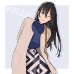  1girl ^_^ arm_behind_back bag black_hair closed_eyes coat dated happy_birthday high-waist_skirt long_hair nakatani_nio nanami_touko shadow simple_background skirt smile solo standing sweater yagate_kimi_ni_naru 