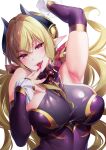  1girl :d armpits blonde_hair breasts demon_girl demon_horns detached_sleeves dress fangs fingernails hand_up highres hizuki_akira horn_cover horns large_breasts long_hair looking_at_viewer nail_polish open_mouth original pointy_ears purple_dress red_eyes red_nails seductive_smile simple_background smile solo upper_body white_background 